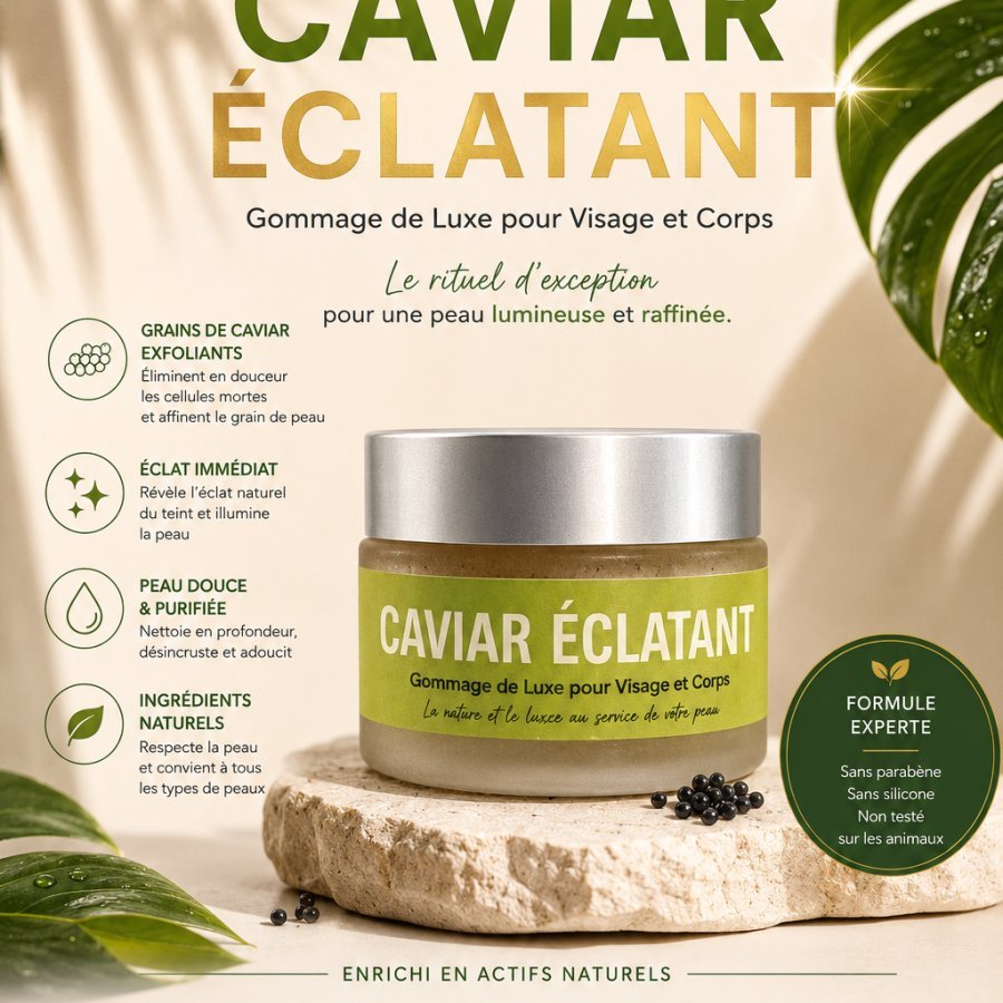 Caviar Éclatant : _x000D_Gommage de Luxe pour Visage et Corps